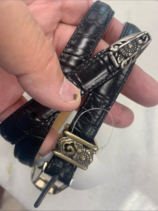 Brighton Accessories - Brighton Black Croc-Embossed Leather Belt with Ornate Gold-Tone Buckle